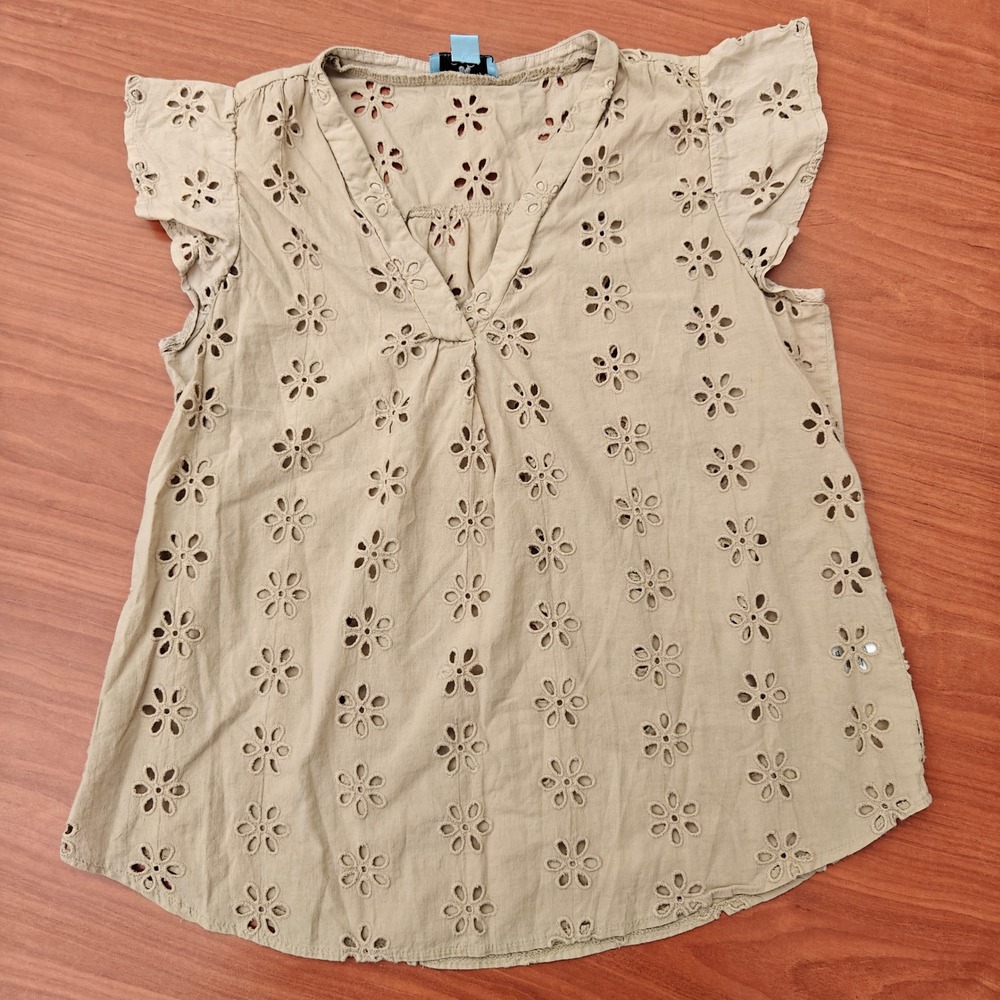 CeCe Eyelet Blouse Women's Medium Tan Flutter Sleeve Cottagecore Coquette Floral
